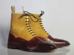 Handmade Men’s Burgundy & Tan Ankle Cap Toe Boots, Men Leather Suede Lace Up Boot