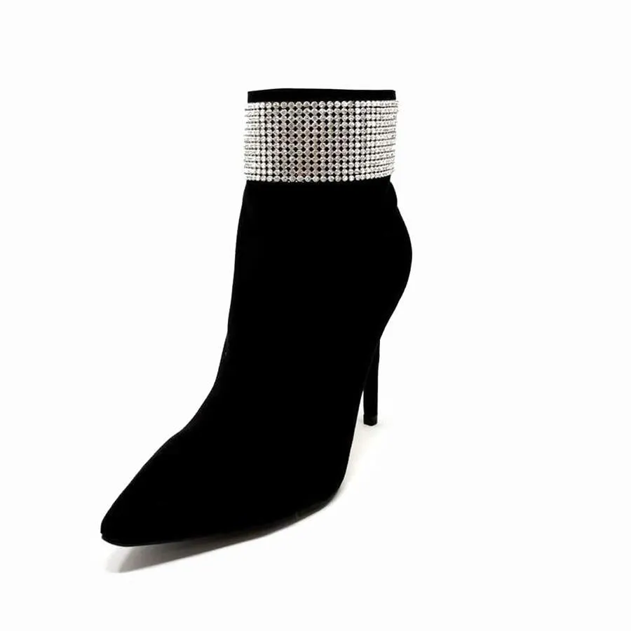 Harley Crystal Detail Ankle Boot In Black Faux Suede
