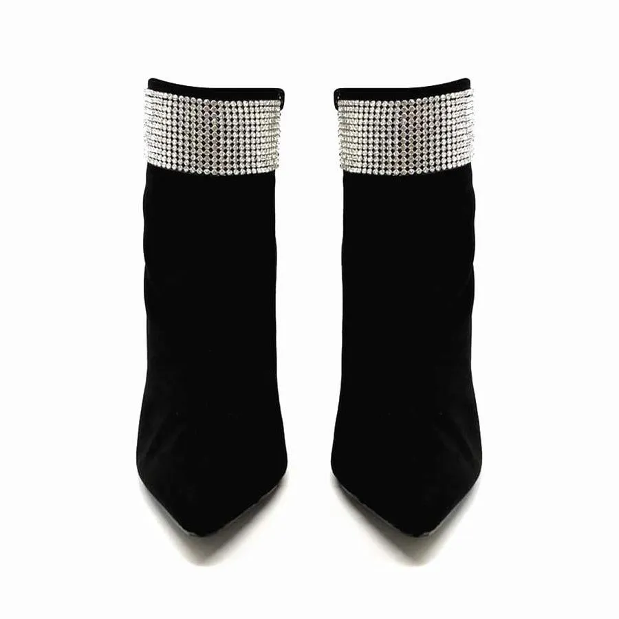 Harley Crystal Detail Ankle Boot In Black Faux Suede