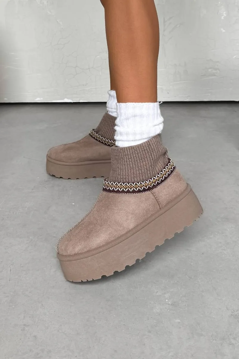 HARLIE Suede Embroidered Chunky Sockfit Boots - Taupe