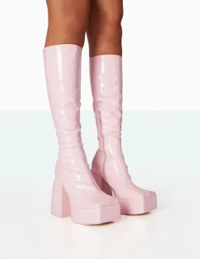 Heartbeat Pink Patent PU Chunky Square Toe Platform Block Knee High Boots