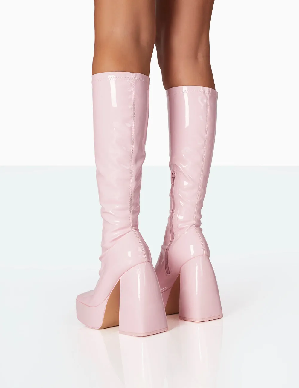 Heartbeat Pink Patent PU Chunky Square Toe Platform Block Knee High Boots