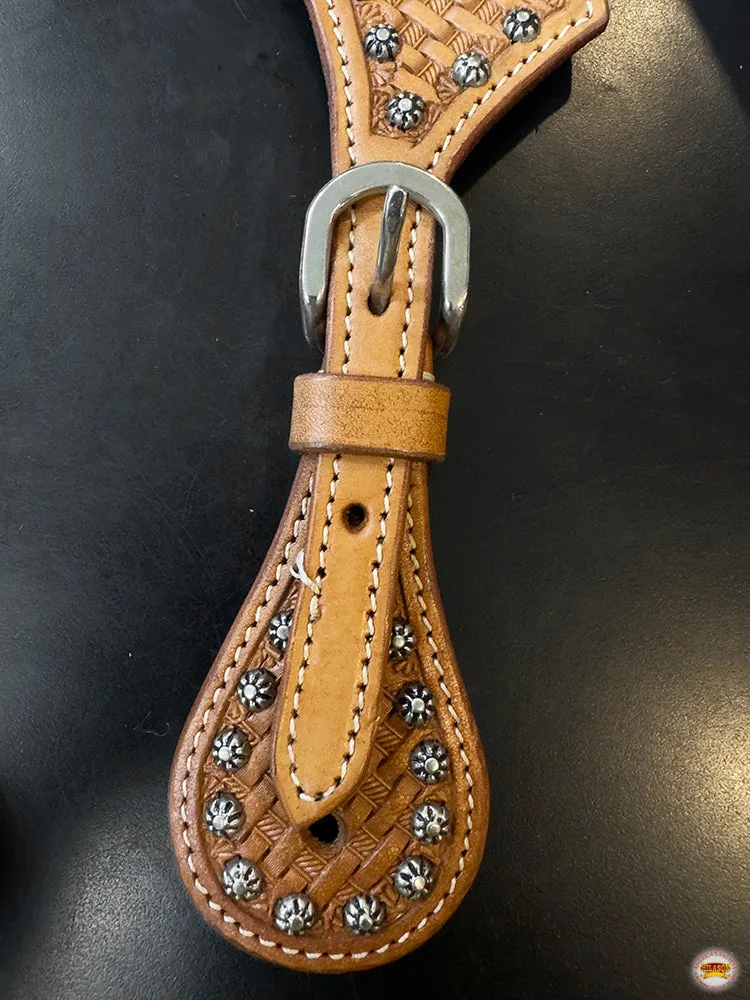 HILASON Western Unisex Spur Strap for Horse Riding Tan Basket Tooled Studds