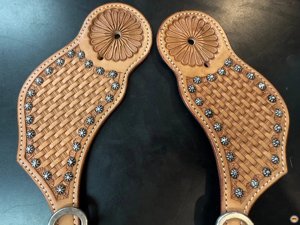 HILASON Western Unisex Spur Strap for Horse Riding Tan Basket Tooled Studds