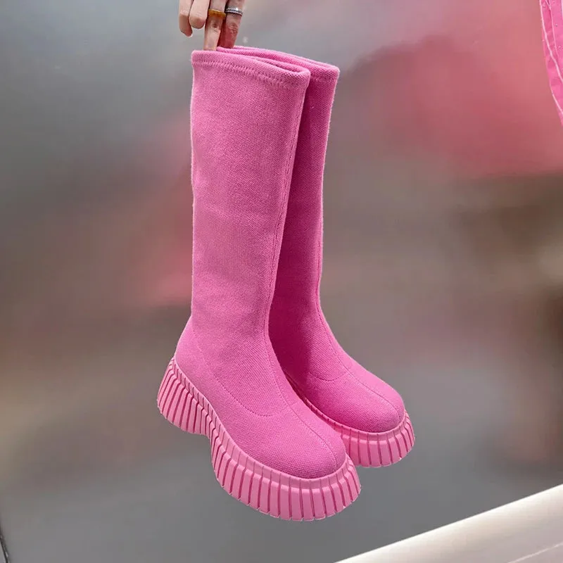 Hnzxzm Thick Heel Women Knee High Boots Fashion Slip On Shoes Autumn Winter Ladies Stretch Slim Long Booties