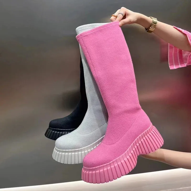Hnzxzm Thick Heel Women Knee High Boots Fashion Slip On Shoes Autumn Winter Ladies Stretch Slim Long Booties