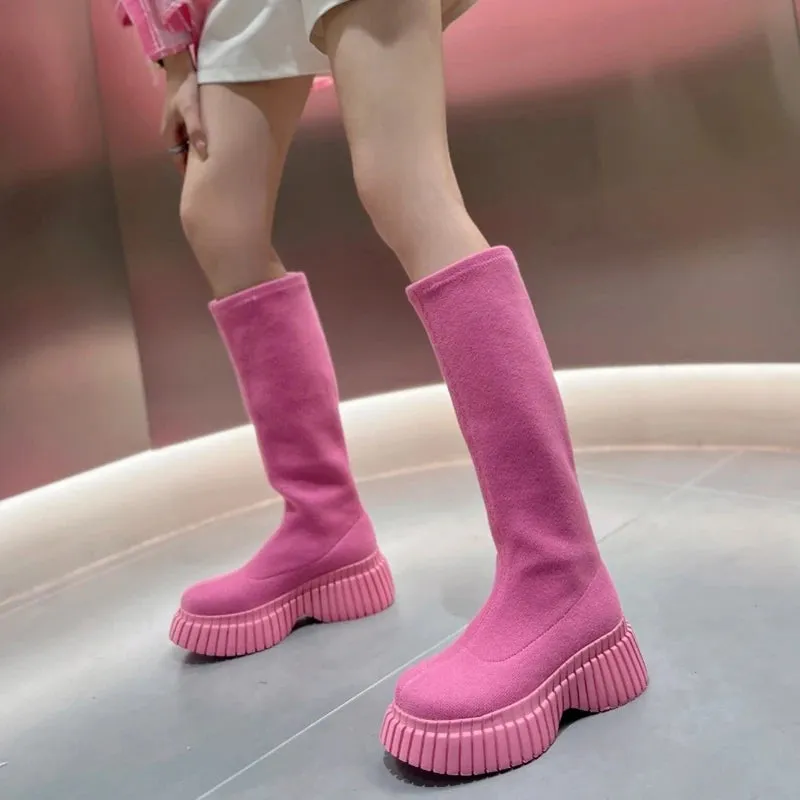 Hnzxzm Thick Heel Women Knee High Boots Fashion Slip On Shoes Autumn Winter Ladies Stretch Slim Long Booties