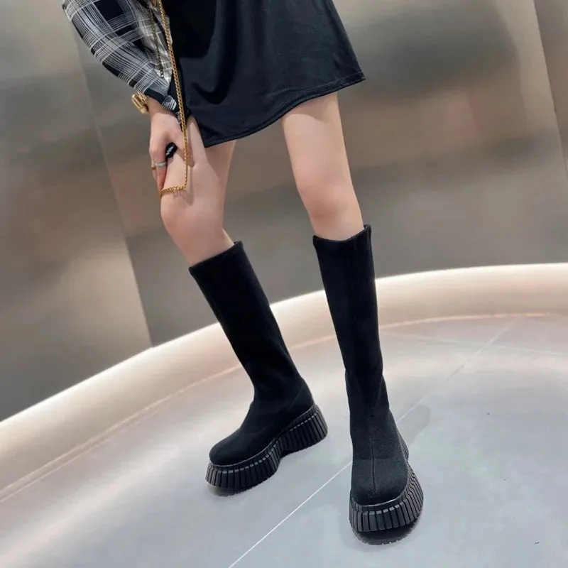 Hnzxzm Thick Heel Women Knee High Boots Fashion Slip On Shoes Autumn Winter Ladies Stretch Slim Long Booties