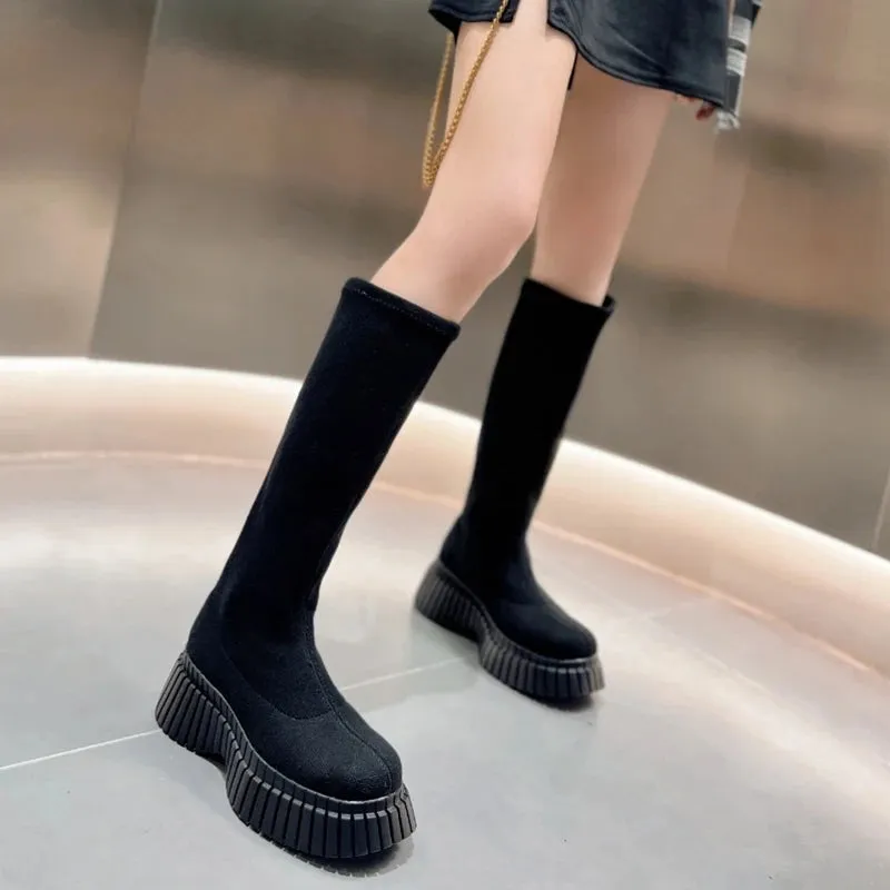 Hnzxzm Thick Heel Women Knee High Boots Fashion Slip On Shoes Autumn Winter Ladies Stretch Slim Long Booties