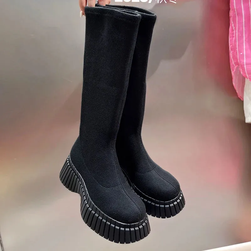 Hnzxzm Thick Heel Women Knee High Boots Fashion Slip On Shoes Autumn Winter Ladies Stretch Slim Long Booties