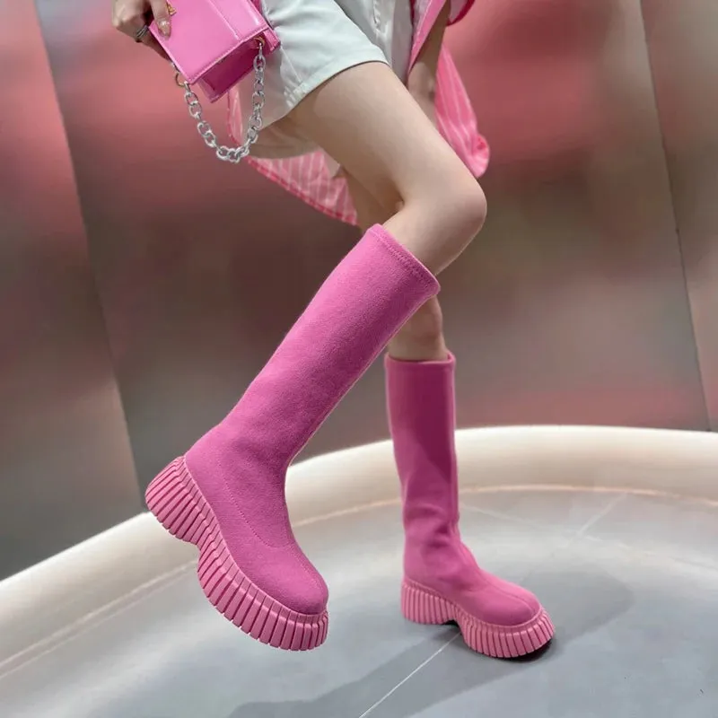 Hnzxzm Thick Heel Women Knee High Boots Fashion Slip On Shoes Autumn Winter Ladies Stretch Slim Long Booties