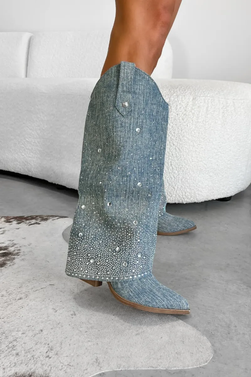 JENNA Flared Diamanté Cowboy Western Boots - Denim