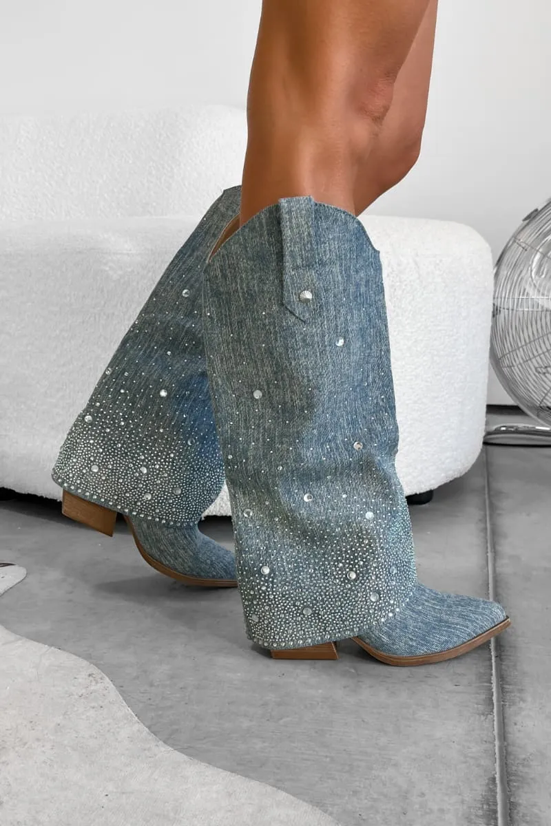 JENNA Flared Diamanté Cowboy Western Boots - Denim