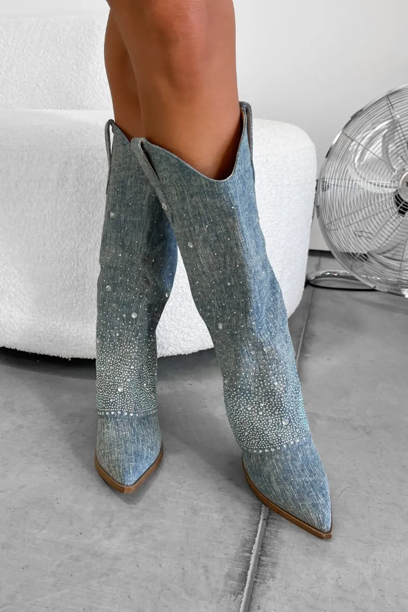 JENNA Flared Diamanté Cowboy Western Boots - Denim