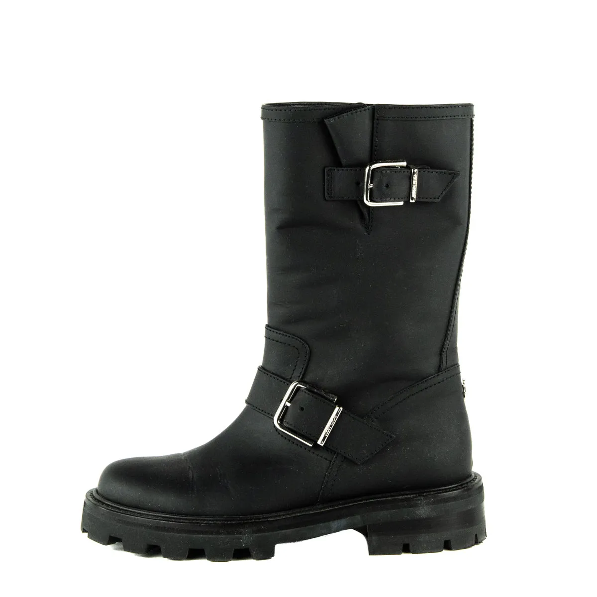 Jimmy Choo Black Matte Rubberised Leather Biker II Boots Size US 6 | EU 36