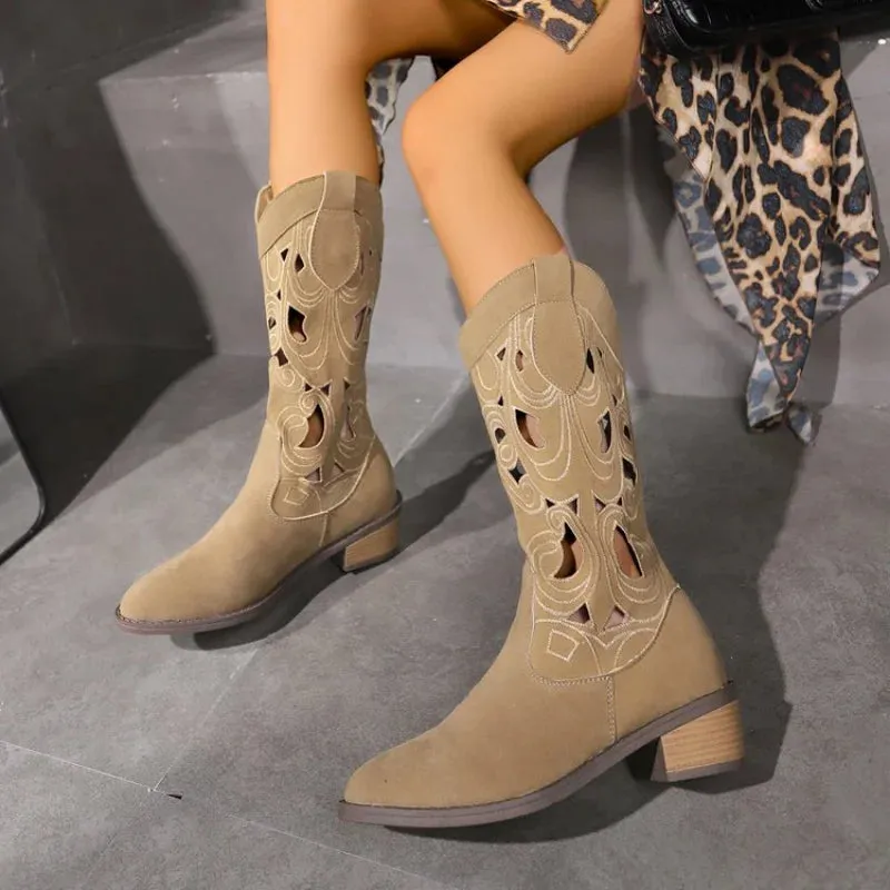 Joskaa Hollow Embroidered Vintage Western Boots Women 2024 Autumn Chunky Heels Knee High Cowboy Boots Woman Pu Leather Knight Booties