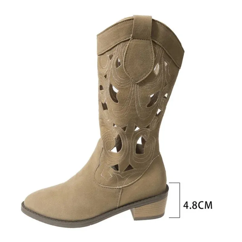 Joskaa Hollow Embroidered Vintage Western Boots Women 2024 Autumn Chunky Heels Knee High Cowboy Boots Woman Pu Leather Knight Booties