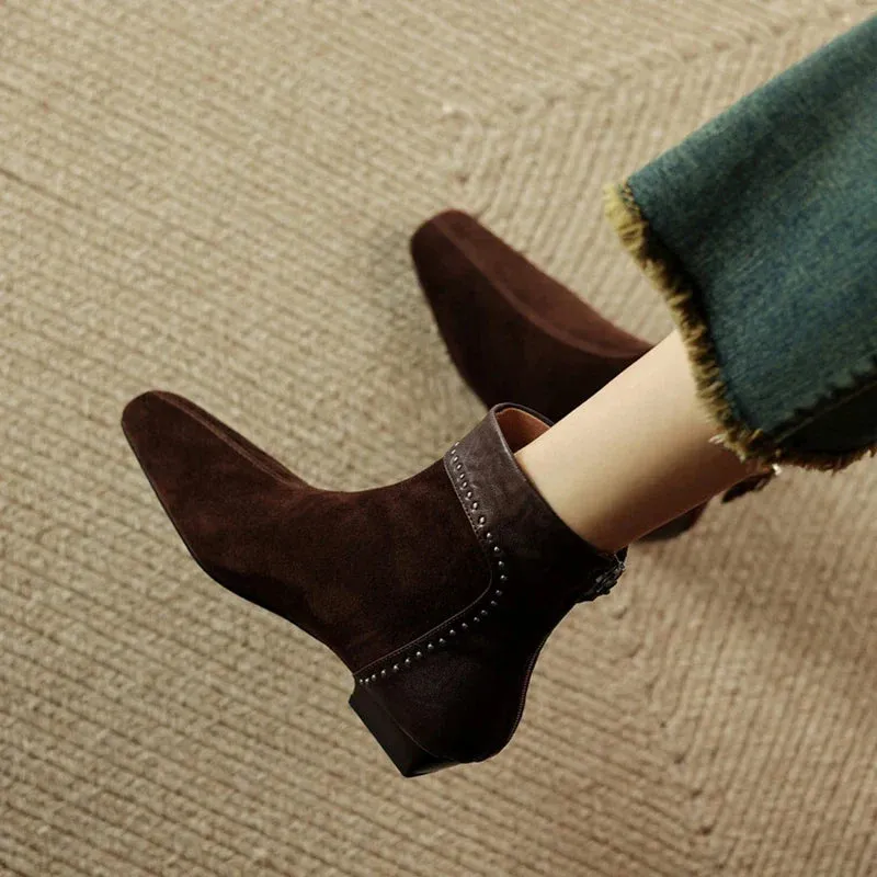 Joskaa NEW Autumn Women Boots Sheep Suede Leather Shoes for Women Square Toe Low Heel Shoes Rivet Ankle Boots Mixed Colors Modern Boots