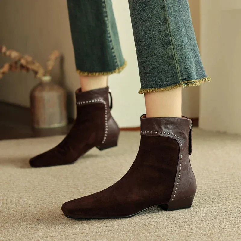Joskaa NEW Autumn Women Boots Sheep Suede Leather Shoes for Women Square Toe Low Heel Shoes Rivet Ankle Boots Mixed Colors Modern Boots