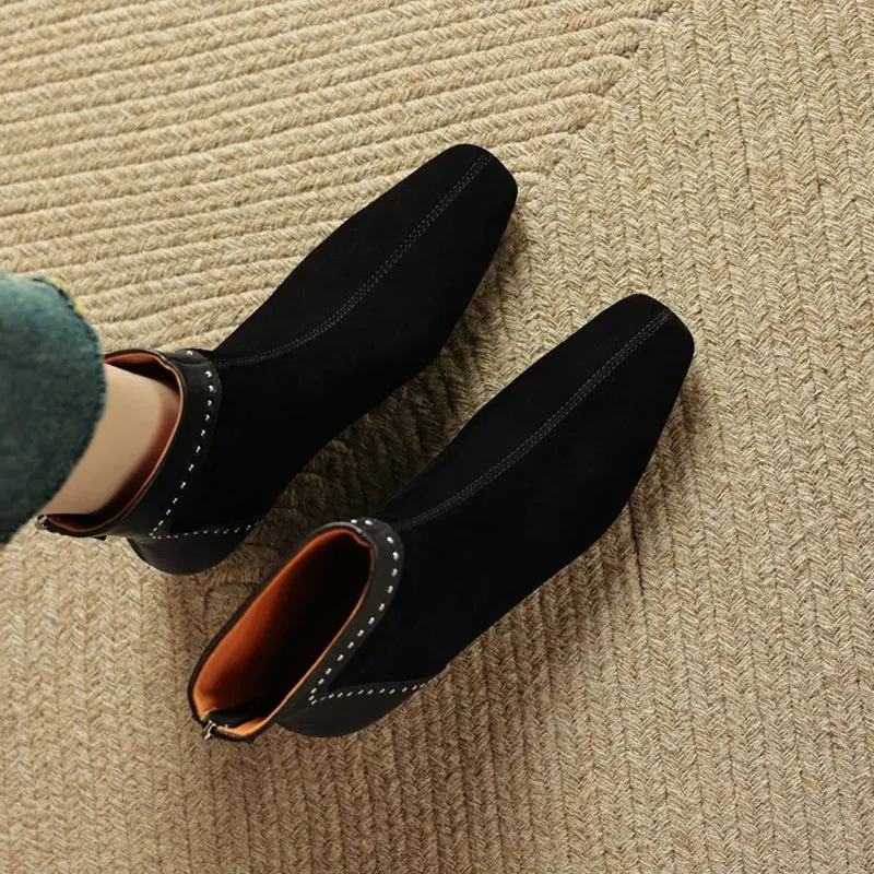 Joskaa NEW Autumn Women Boots Sheep Suede Leather Shoes for Women Square Toe Low Heel Shoes Rivet Ankle Boots Mixed Colors Modern Boots