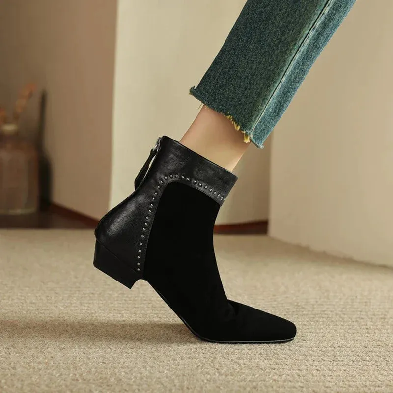 Joskaa NEW Autumn Women Boots Sheep Suede Leather Shoes for Women Square Toe Low Heel Shoes Rivet Ankle Boots Mixed Colors Modern Boots