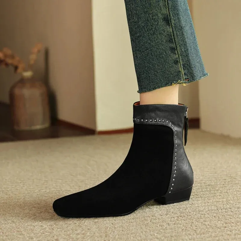 Joskaa NEW Autumn Women Boots Sheep Suede Leather Shoes for Women Square Toe Low Heel Shoes Rivet Ankle Boots Mixed Colors Modern Boots