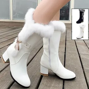 Joskaa Women's Boots Snow Boots Plus Size Outdoor Daily Fleece Lined Knee High Boots Winter Block Heel Chunky Heel Round Toe Vintage Plush Classic PU Zipper Solid Color Black White