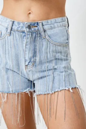 Lambert Frayed Denim Rhinestone Fringe Shorts