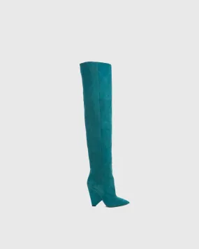 Livia Heterotypic Heel Ruched Knee High Boots In Blue