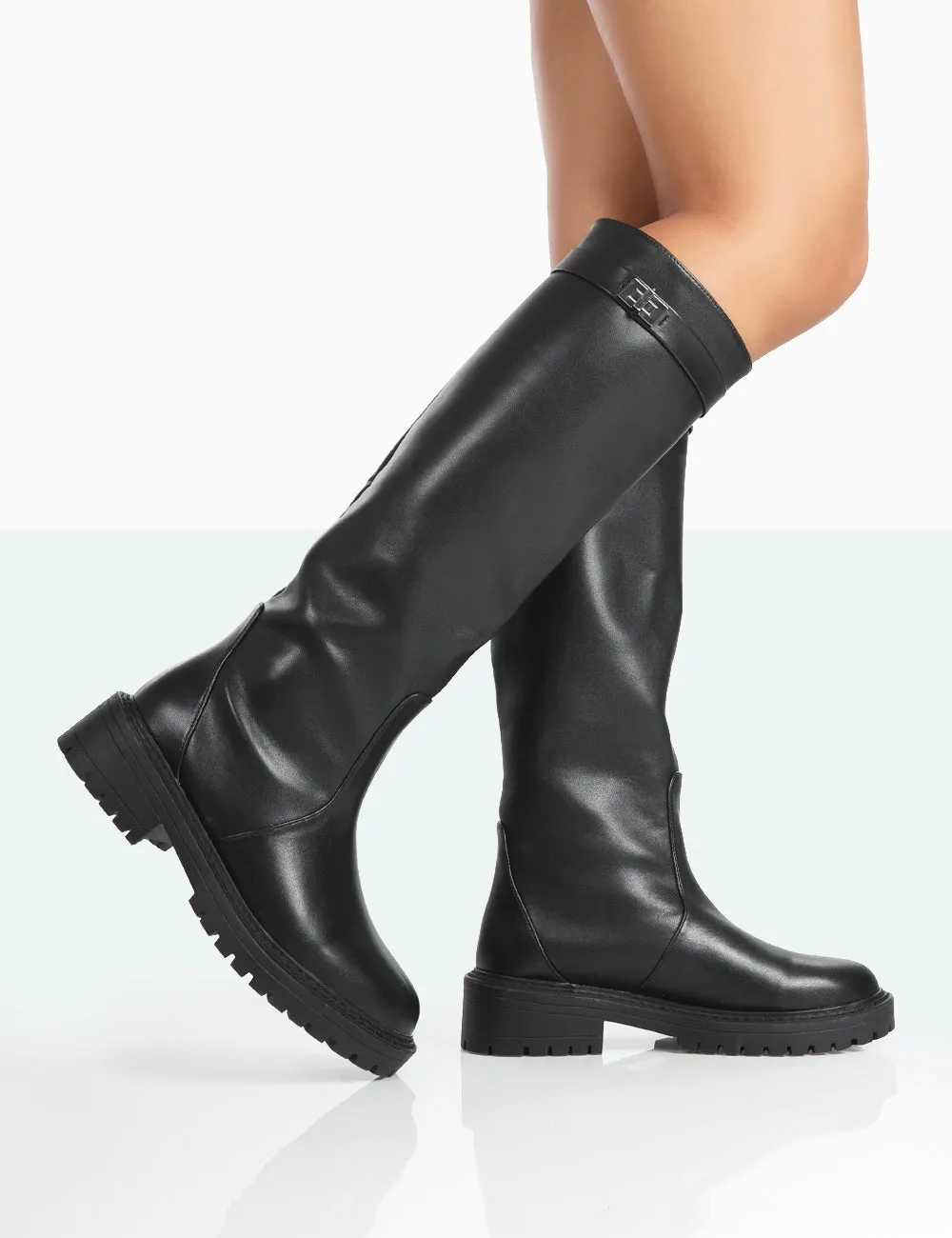 More Fun Wide Fit Black Pu  Round Toe Chunky Sole Knee High Boots
