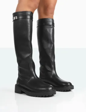 More Fun Wide Fit Black Pu  Round Toe Chunky Sole Knee High Boots