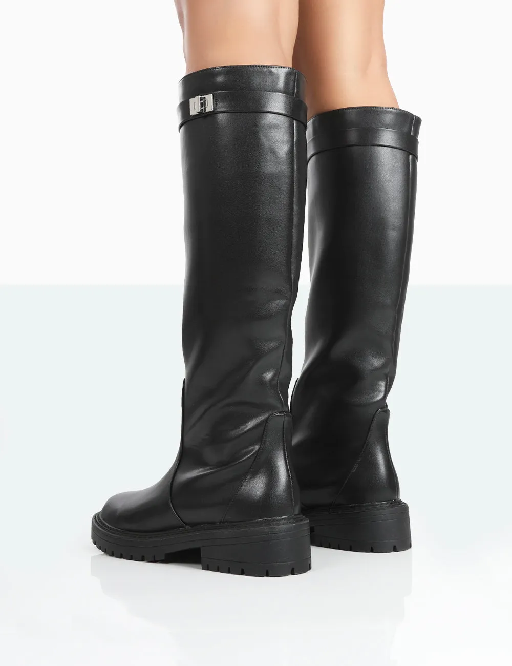 More Fun Wide Fit Black Pu  Round Toe Chunky Sole Knee High Boots