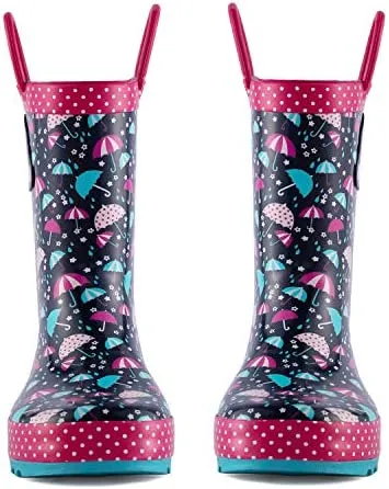New KomForme Kids Girl Rain Boots, Waterproof Rubber Printed with Handles (Color: Umbrella Under Rainbow, Size: 7 Toddler)