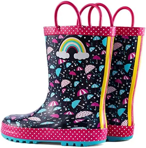 New KomForme Kids Girl Rain Boots, Waterproof Rubber Printed with Handles (Color: Umbrella Under Rainbow, Size: 7 Toddler)