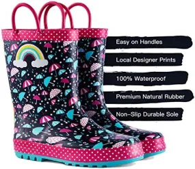 New KomForme Kids Girl Rain Boots, Waterproof Rubber Printed with Handles (Color: Umbrella Under Rainbow, Size: 7 Toddler)