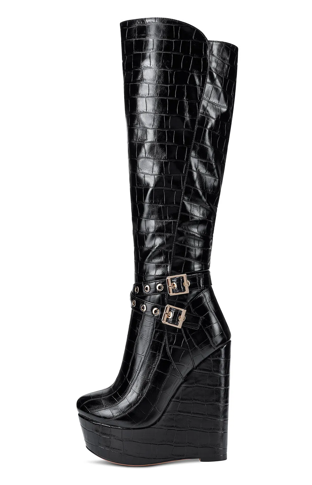 NobleOnly Women's High Heels Platform Wedge Mid Calf Boots Round Toe Boot with Zipper Basic Office Black Boot 6" Heel Shoes