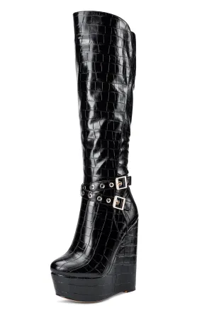NobleOnly Women's High Heels Platform Wedge Mid Calf Boots Round Toe Boot with Zipper Basic Office Black Boot 6" Heel Shoes