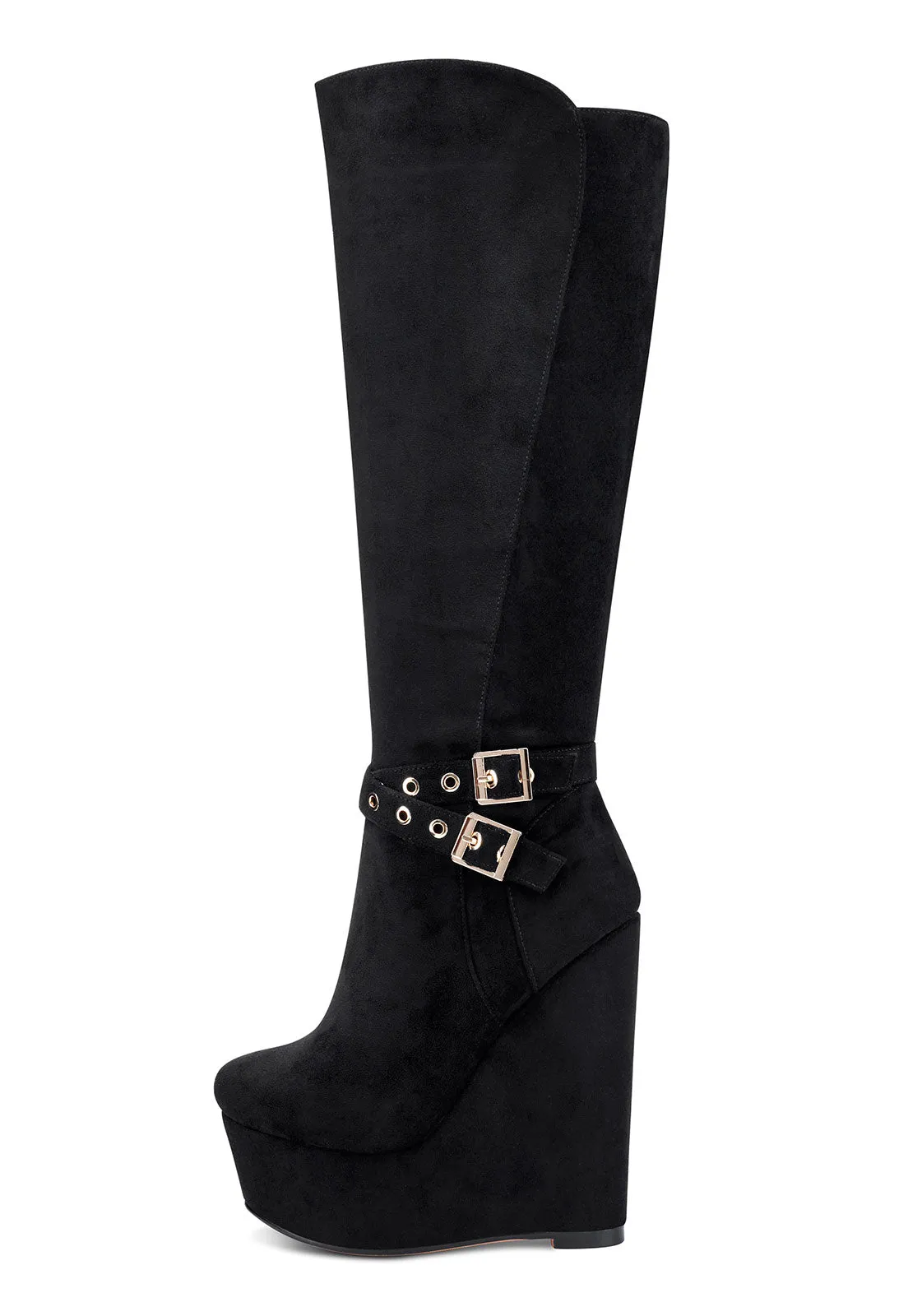 NobleOnly Women's High Heels Platform Wedge Mid Calf Boots Round Toe Boot with Zipper Basic Office Black Boot 6" Heel Shoes