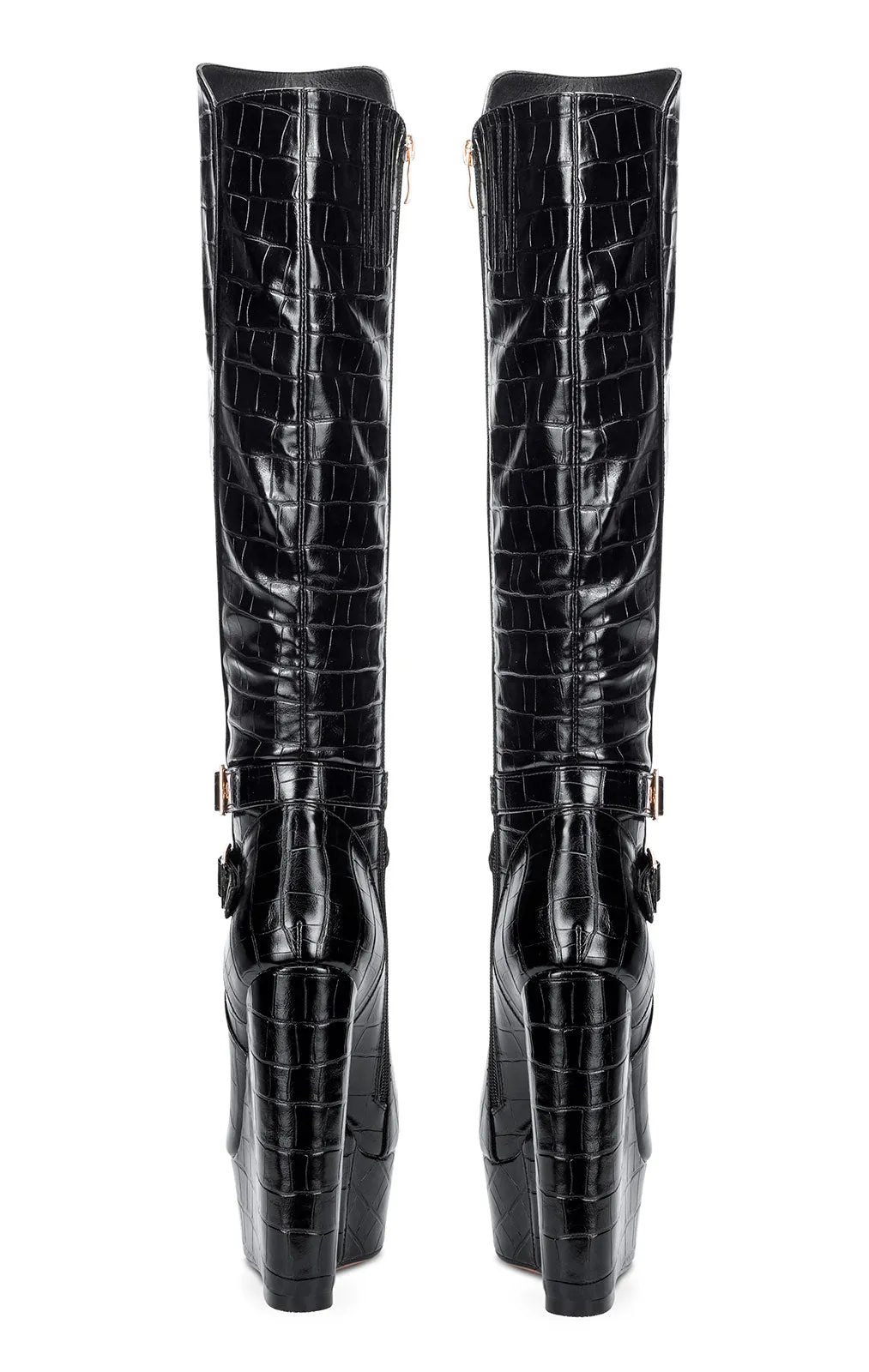 NobleOnly Women's High Heels Platform Wedge Mid Calf Boots Round Toe Boot with Zipper Basic Office Black Boot 6" Heel Shoes