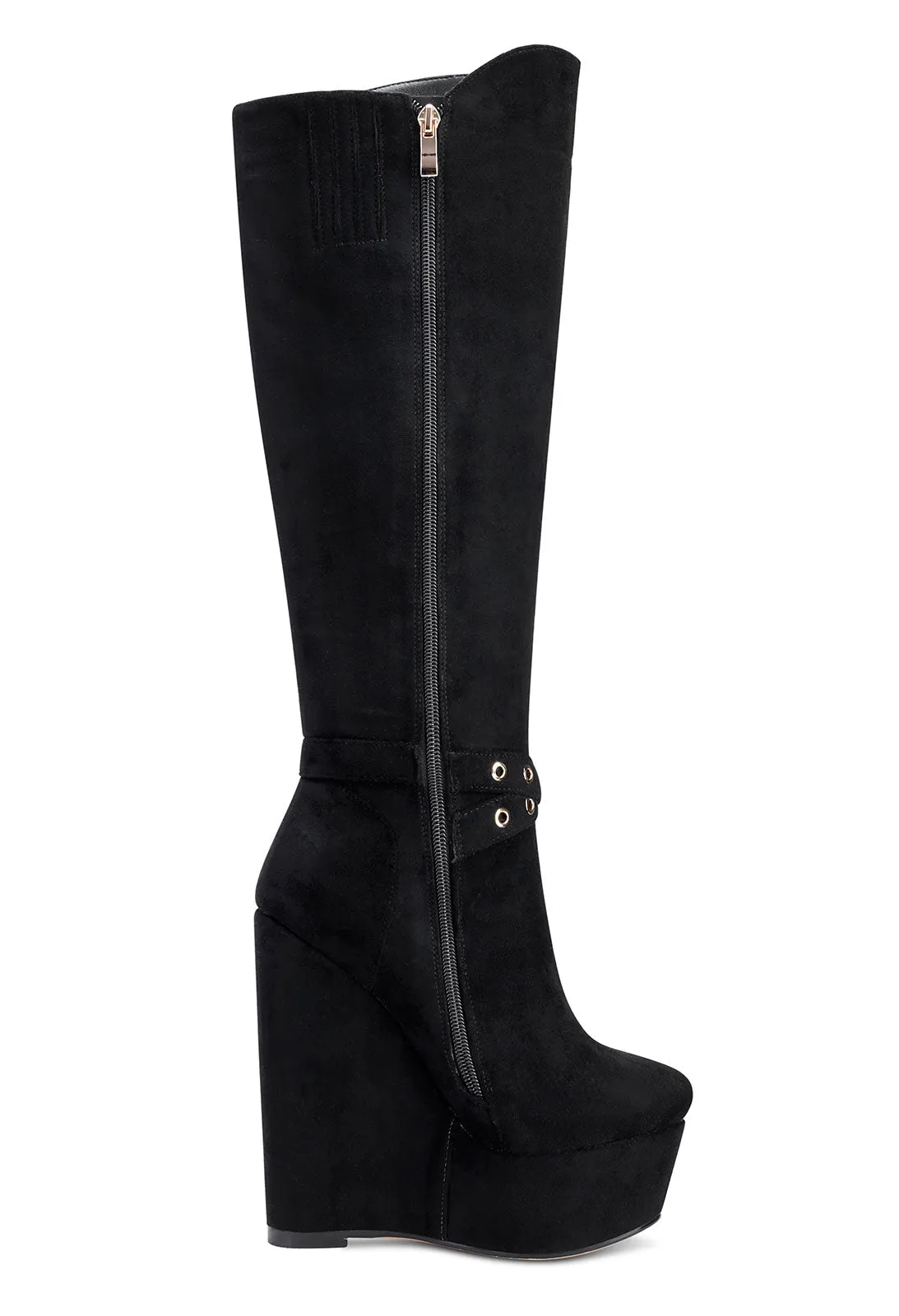 NobleOnly Women's High Heels Platform Wedge Mid Calf Boots Round Toe Boot with Zipper Basic Office Black Boot 6" Heel Shoes