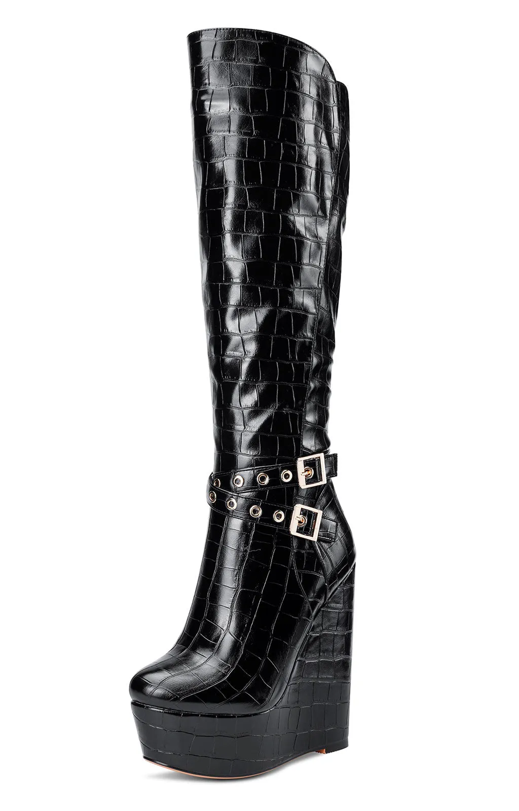 NobleOnly Women's High Heels Platform Wedge Mid Calf Boots Round Toe Boot with Zipper Basic Office Black Boot 6" Heel Shoes