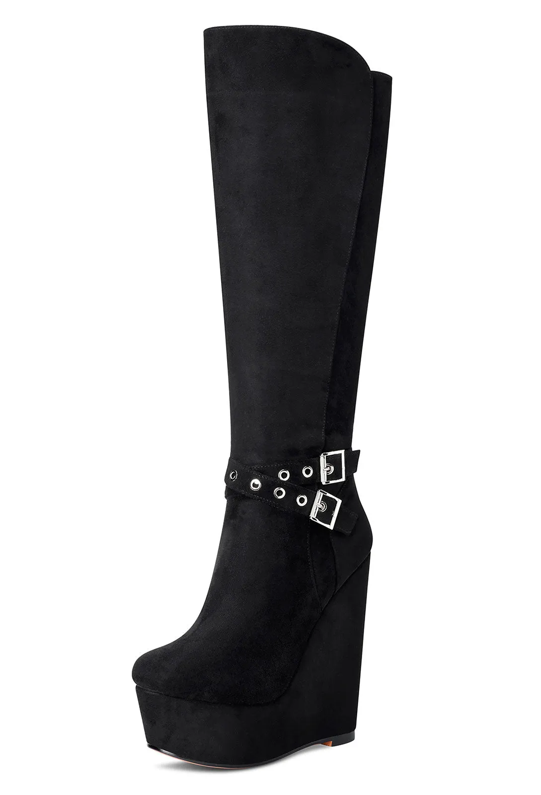 NobleOnly Women's High Heels Platform Wedge Mid Calf Boots Round Toe Boot with Zipper Basic Office Black Boot 6" Heel Shoes