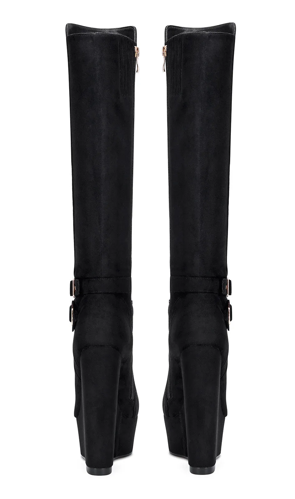 NobleOnly Women's High Heels Platform Wedge Mid Calf Boots Round Toe Boot with Zipper Basic Office Black Boot 6" Heel Shoes