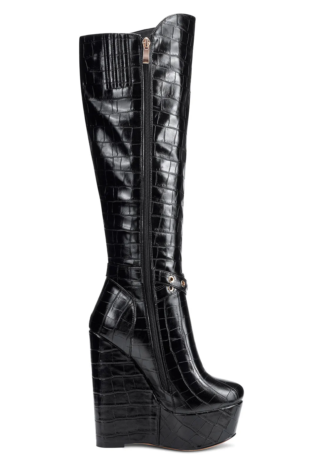 NobleOnly Women's High Heels Platform Wedge Mid Calf Boots Round Toe Boot with Zipper Basic Office Black Boot 6" Heel Shoes