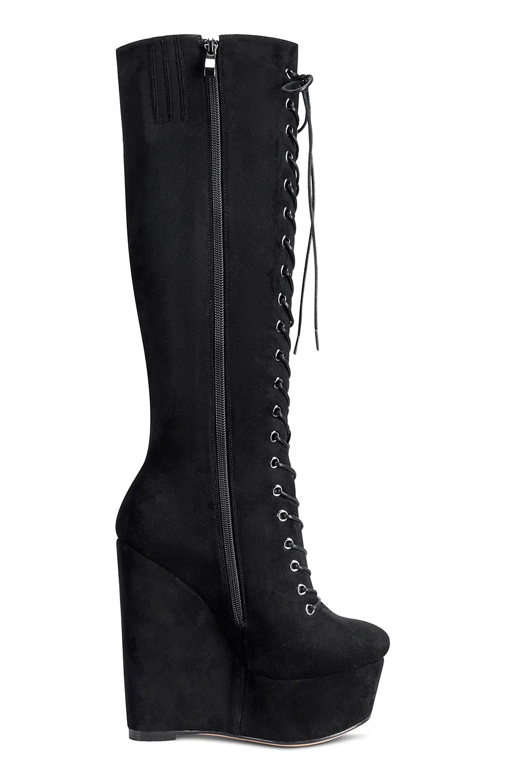 NobleOnly Women's High Heels Platform Wedge Mid Calf Boots Round-Toe Lace-Up Boot with Zipper Basic Office Boot 6" Heel Shoes