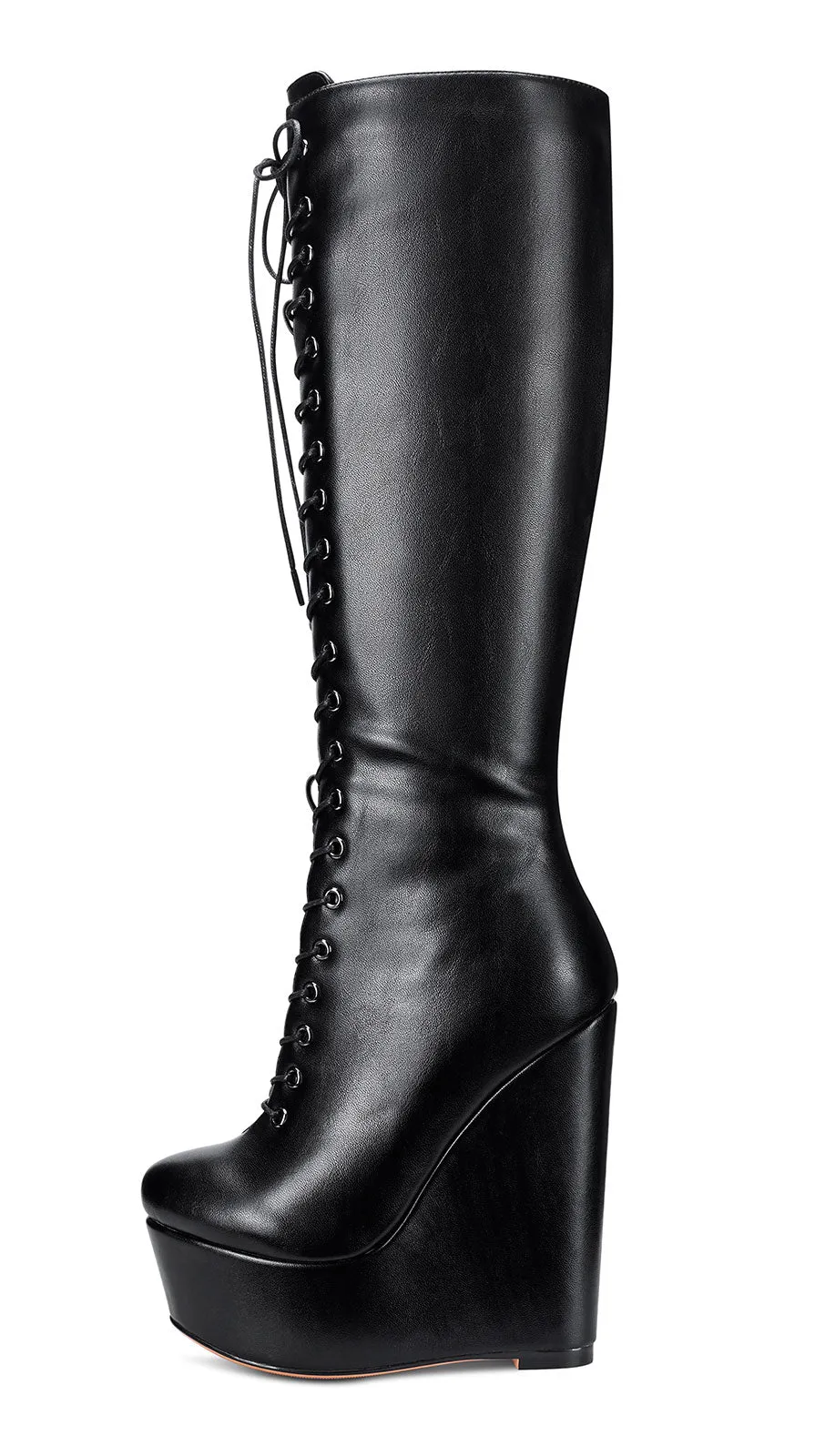 NobleOnly Women's High Heels Platform Wedge Mid Calf Boots Round-Toe Lace-Up Boot with Zipper Basic Office Boot 6" Heel Shoes