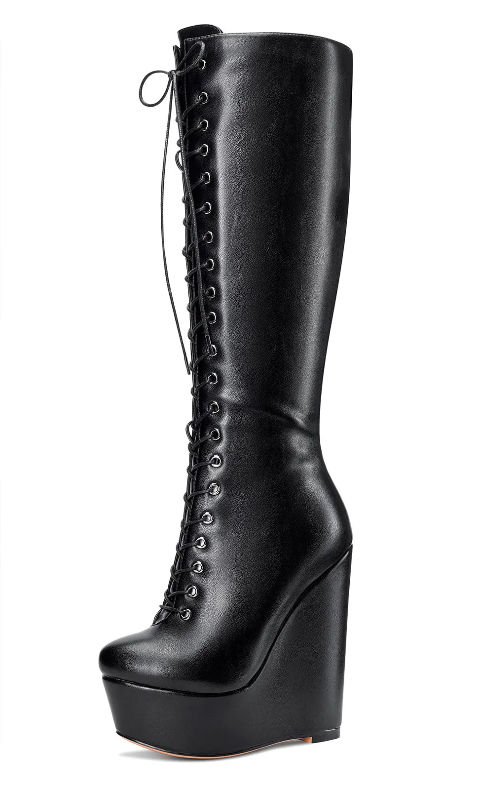 NobleOnly Women's High Heels Platform Wedge Mid Calf Boots Round-Toe Lace-Up Boot with Zipper Basic Office Boot 6" Heel Shoes