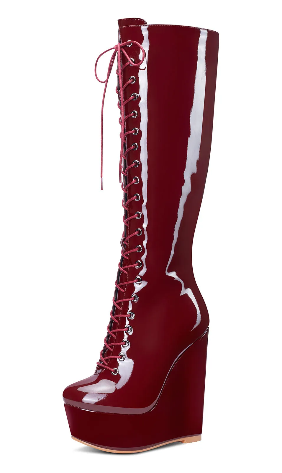 NobleOnly Women's High Heels Platform Wedge Mid Calf Boots Round-Toe Lace-Up Boot with Zipper Basic Office Boot 6" Heel Shoes