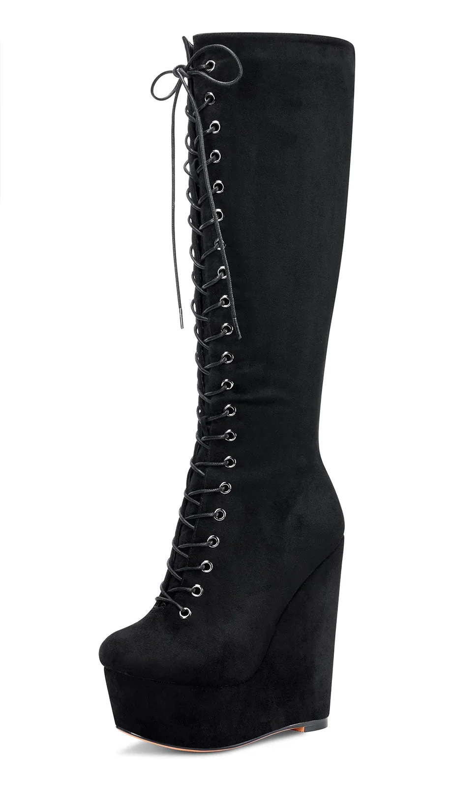 NobleOnly Women's High Heels Platform Wedge Mid Calf Boots Round-Toe Lace-Up Boot with Zipper Basic Office Boot 6" Heel Shoes