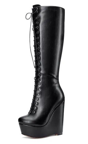 NobleOnly Women's High Heels Platform Wedge Mid Calf Boots Round-Toe Lace-Up Boot with Zipper Basic Office Boot 6" Heel Shoes
